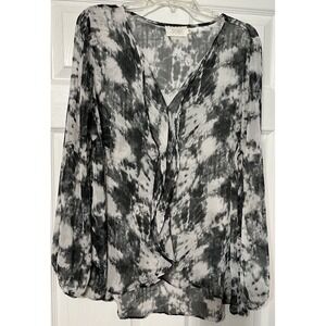 Perch‎ Blu Pepper Top Women's 1X Long Sleeve Sheer Ruffle Front V Neck
